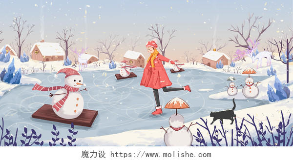 立冬元素冬天卡通手绘小清新暖冬氛围场景插画